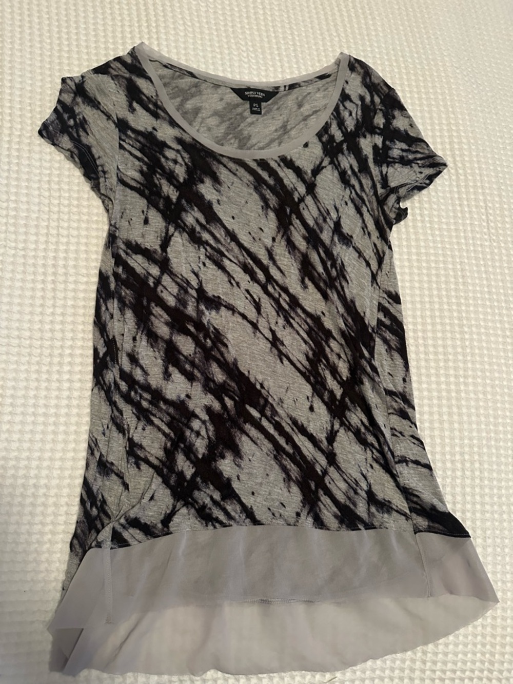Simply Vera Vera Wang Black and Gray Tie-Dye Short Sleeve Top with Sheer Hem